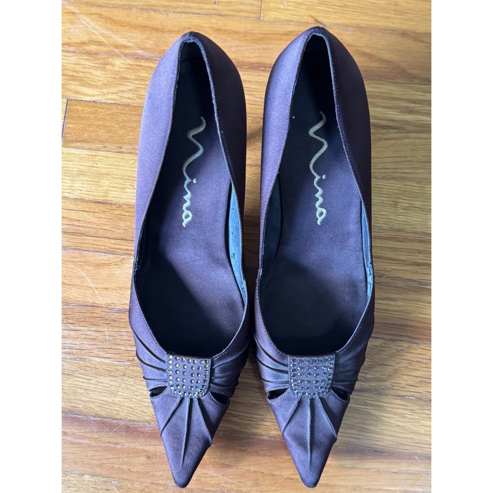 Nina Brown Satin‎ Extreme Pointed Toe Slip On Stiletto Heels Pumps Size 8.5